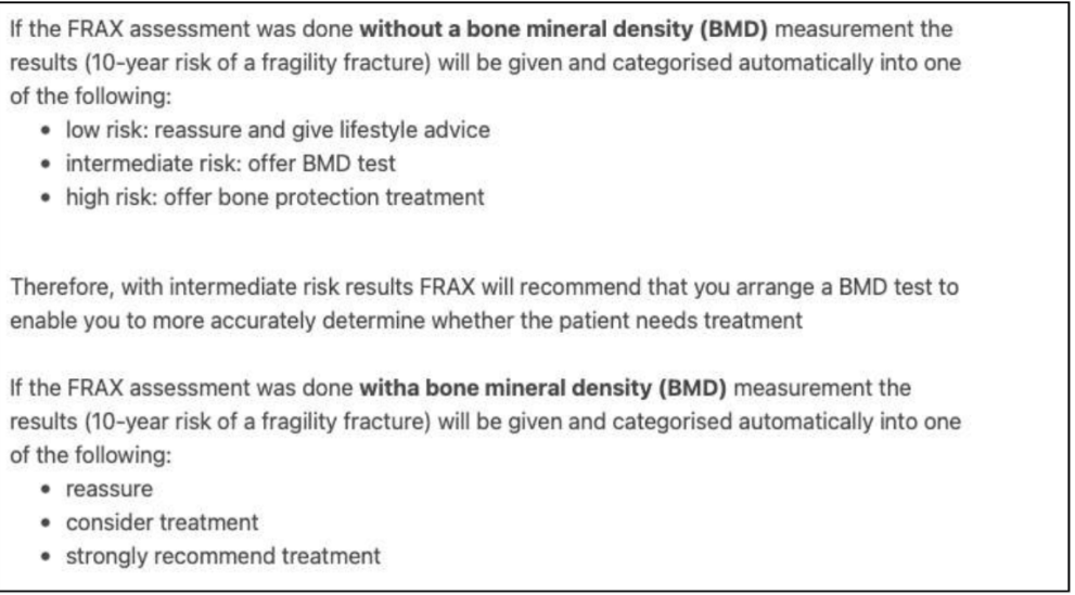 FRAX tools results for osteoporosis nursing diagnosis