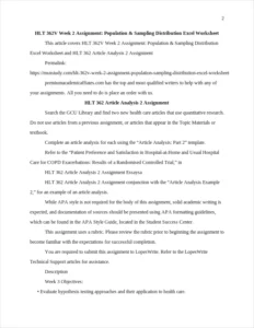 HLT 362V Week 2 Assignment: Population & Sampling Distribution Excel Worksheet – page 2