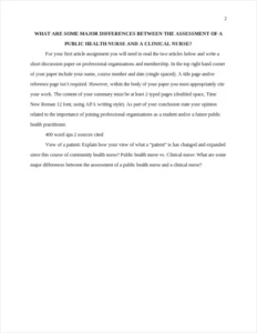WHAT ARE SOME MAJOR DIFFERENCES BETWEEN THE ASSESSMENT OF A PUBLIC HEALTH NURSE AND A CLINICAL NURSE? – page 2