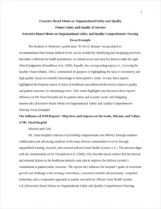 Executive Board Memo on Organizational Safety and Quality Comprehensive Nursing Essay Example – page 2